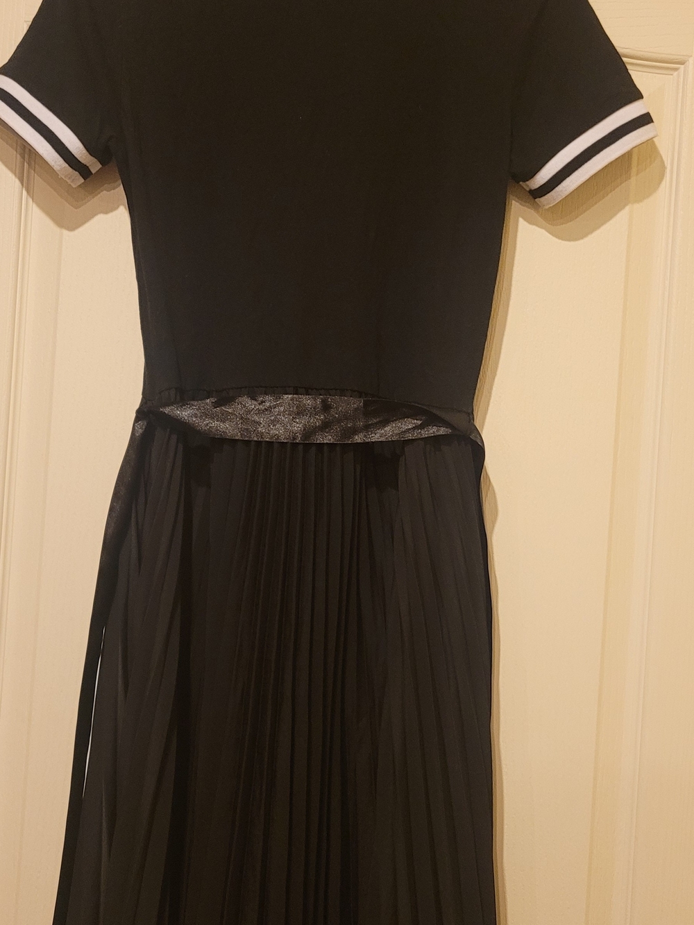 Girls Black Pleated Skirt Sporty Dress with Stripe Sleeve Detail